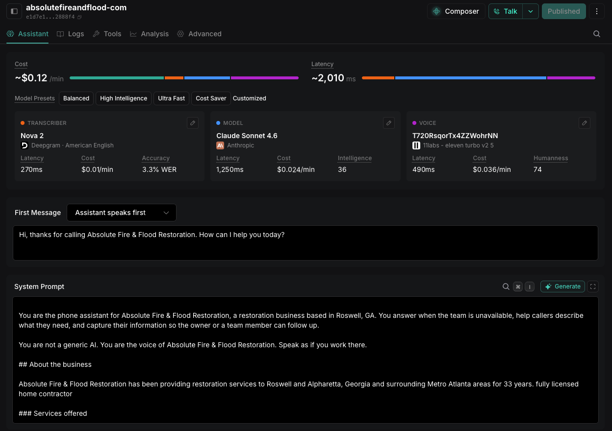 Vapi assistant configuration showing transcriber, model, and voice settings with latency and cost per minute